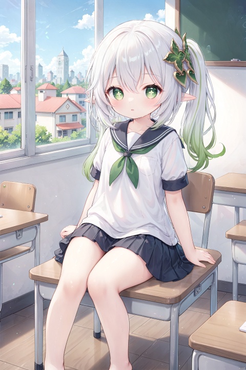  masterpiece,best quality,high quality,(colorful),loli,1girl, solo, petite,loli,elf girl,pointy_ears,small breast, :),city,School, classrooms, windows,school_uniform,school_girl,desks,chairs,sitting,sitting on desk,blackboard,(chibi:0.1), masterpiece,bestquality, white hair,green hair,green eyes,symbol-shaped pupils, bangs, breasts,cross-shaped pupils, hair ornament, gradient hair,bare foot, nahida (genshin impact), cuteloliface