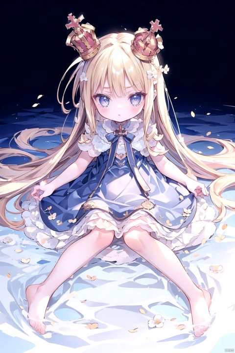  best_quality, extremely detailed details, loli,under_age,1_girl,solo,full_body,cute_face,pretty face,extremely delicate and beautiful girls,(beautiful detailed eyes), blue_eyes,blonde_hair,yellow_hair, crown,bare_feet,lolita_dress,dress,queen elizabeth (azur lane),