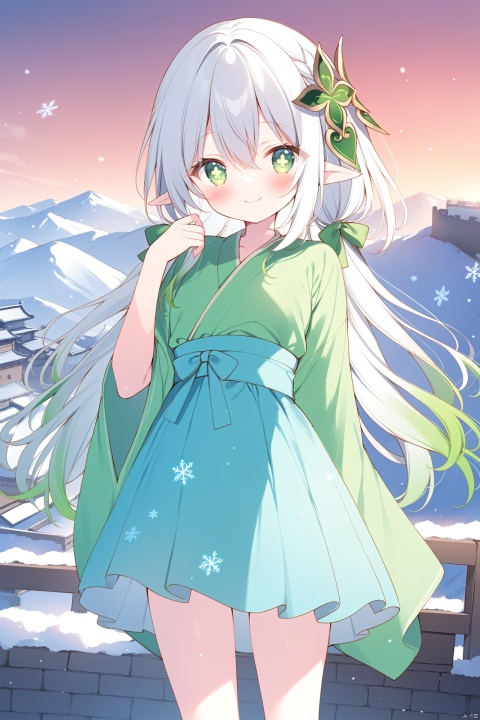 masterpiece,best quality,high quality,(colorful),[Artist miwano rag],[Artist toosaka asagi],[Artist wlop],loli,1girl, solo, petite,elf girl,pointy_ears, smile,(chibi:0.1),  white hair,green hair,green eyes,symbol-shaped pupils, bangs, breasts,cross-shaped pupils, hair ornament, gradient hair, hanfu, nahida (genshin impact),The Great Wall, Huge city walls,snow, a vast expanse of whiteness,standing,Hanfu, Chinese clothes,winter clothes, Overlapping mountains in the distance,Red sunset,Snowflakes fall,