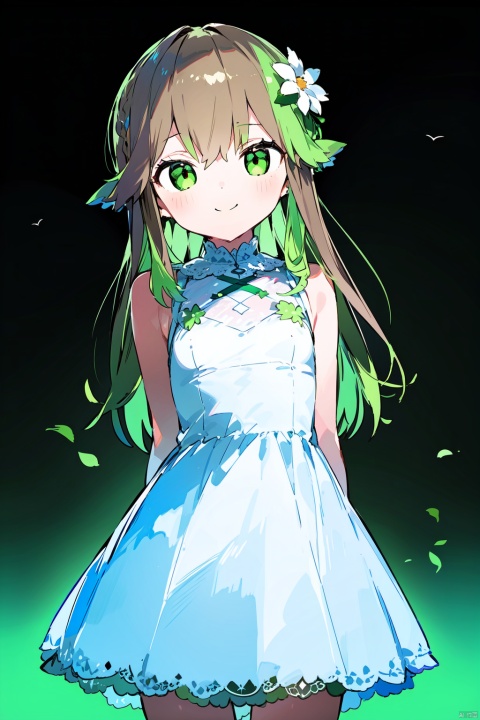  best quality, amazing quality, very aesthetic,1girl, white hair,green hair,green eyes,symbol-shaped pupils, bangs, breasts,cross-shaped pupils, hair ornament, gradient hair, dress, long hair, bird, white dress, brown hair, solo, outdoors, sleeveless, looking at viewer, arms behind back, sleeveless dress, bangs, standing, plant, sundress, smile, flower, closed mouth, sunlight, bare shoulders