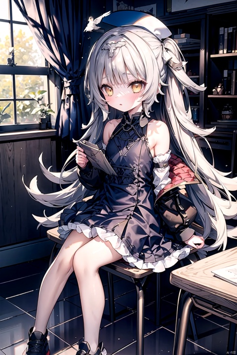  best_quality, extremely detailed details, loli,under_age,1_girl,solo,full_body,cute_face,pretty face,extremely delicate and beautiful girls,(beautiful detailed eyes), grey_hair,yellow_eyes,bare shoulders,iron cross,blush,hair ornament,puffy long sleeves,detached sleeves,((school_suit,)),classroom,beside_windows,birds_in_hand,desk,blackboard,standing_or_sitting,
z46 (azur lane), 