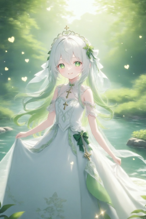  (masterpiece),(best quality),illustration,ultra detailed,hdr,Depth of field,(colorful),[iumu],[Sheya],[Artist chen bin],Artist ogipote, 1girl, solo, long hair, luxurious wedding dress, green eyes,cross-shaped pupils, white hair,green hair, Sparkling dress, wedding dress, ribbon, smile, heart, hair between eyes, transparent headdress,:3, kneehighs, floral background, outdoor, lake,
nahida (genshin impact), onnk