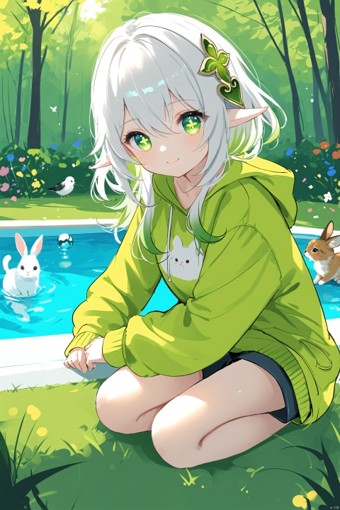 masterpiece,best quality,high quality,(colorful),[Artist miwano rag],[Artist toosaka asagi],[Artist wlop],loli,1girl, solo, petite,elf girl,pointy_ears, smile,(chibi:0.1),  white hair,green hair,green eyes,symbol-shaped pupils, bangs, breasts,cross-shaped pupils, hair ornament, gradient hair, nahida (genshin impact),outside, Deep forest,Dim scenes,Dark, many small animals, deer, rabbits, cats, birds,pool, trees, grass, flowers,Casual clothes, hooded tops, casual pants, surrounded by animals,