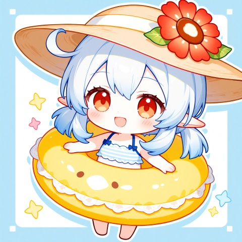 masterpiece,best quality,high quality,chromatic_aberration,qscc, cxzqs1, tsubasachyan,sugerlolijio,(chibi:1.3),simple background,white background 
1girl, (solo:1.5),chibi q-version girl, half body shot, big amber eyes, pink blush cheeks, open happy smile, woven straw sun hat, light blue bikini top, inside colorful striped inflatable swim ring, white lace trim on swim ring, both hands gripping swim ring edge, cute rounded chibi proportions, sticker white outline border, circular light blue background layer, pale yellow outer background, clean thick cartoon line art, glossy inflatable texture, soft bright summer color palette, simple flat shading, solo character, cute kawaii aesthetic, tiny light sparkles, minimal background, klee (genshin impact)