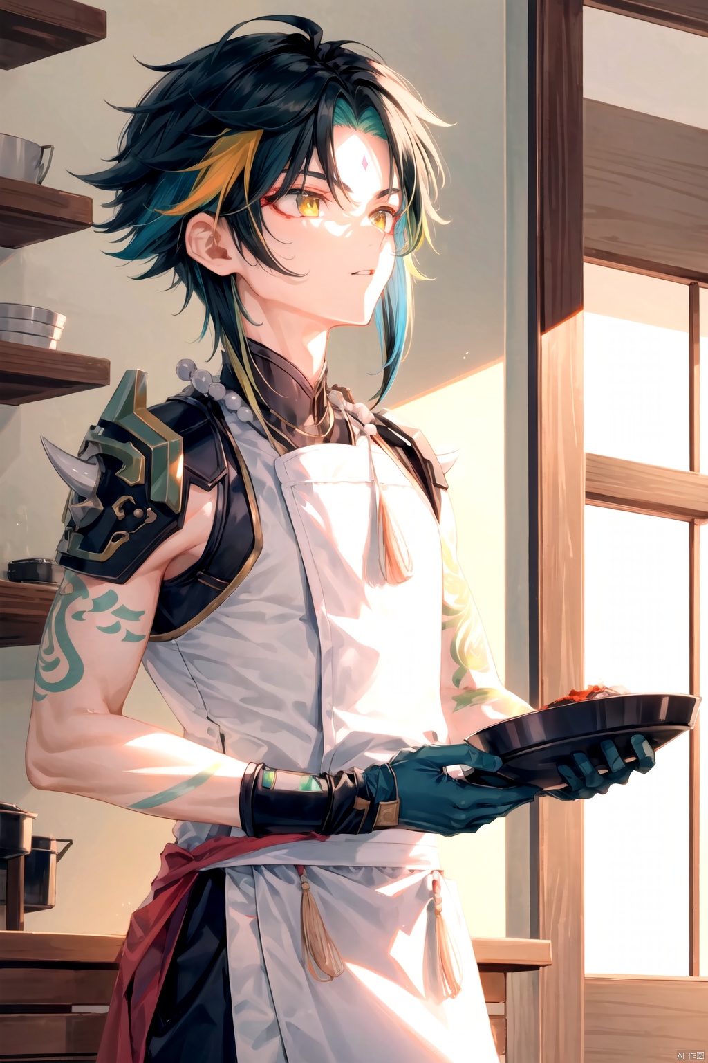  best_quality, extremely detailed details, simple,clean_picture, (under_age),(short),boy ,1_boy,solo,((full_body)),black_hair, (green_hair:0.8),multicolored_hair,yellow_eyes,gloves,shoulder armor, spikes, spear, male focus, necklace,beads, holding weapon, armor, tattoo, mask, xiao \(genshin impact\),
((Kitchen, chef's uniform,Holding the pot,))
