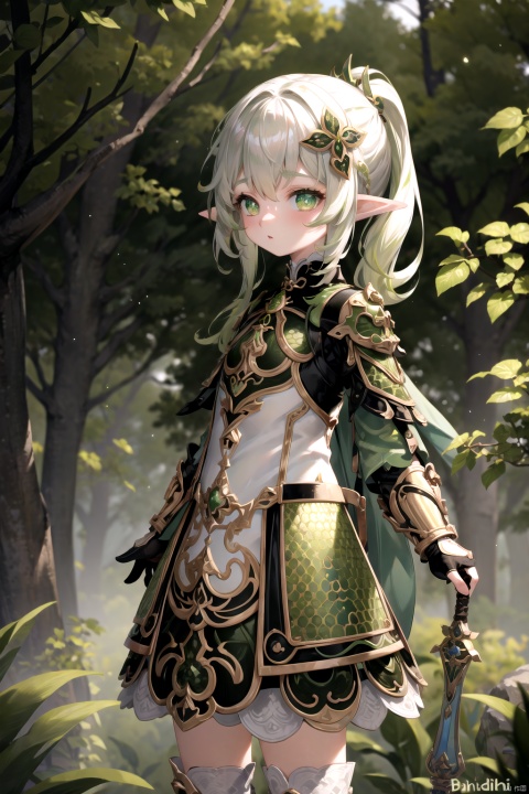  best_quality, extremely detailed details, simple,clean_picture, loli,1_girl,solo,full_body,pretty face,extremely delicate and beautiful girls,(beautiful detailed eyes), green_eyes,white_hair,green_hair,long_hair,elf_ears,lip,
Petite,flat chested, blonde_long _hair, mantle(green stamp), perfect eyes, (rainbow scales armour): vivid,metal long sleeves (green scalelike), metal boots (green scalelike), (green) metal armour (scalelike),Metal arm armor(green scalelike),Metal shoulder armor(green scalelike),A floating cloak,
（forest,sword_in_hand,）
nahida (genshin impact),butterfly, nai3
