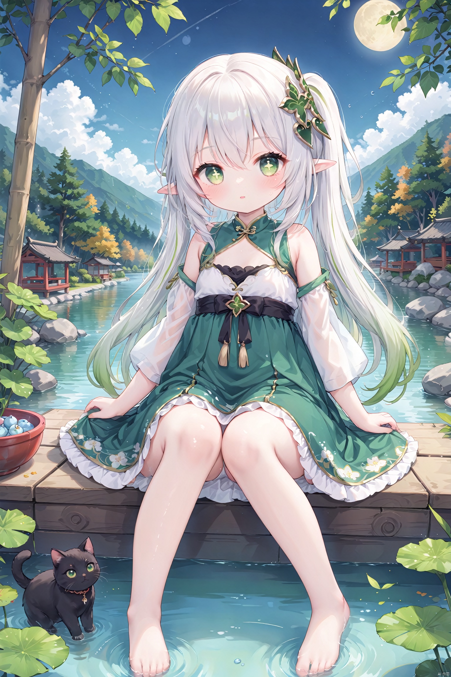  masterpiece,best quality,high quality,(colorful), 1girl, solo, petite, loli,elf girl,pointy_ears,small breast, :),hanfu,chinses dress,(chibi:0.1), masterpiece,bestquality, white hair,green hair,green eyes,symbol-shaped pupils, bangs, breasts,cross-shaped pupils, hair ornament, gradient hair,bare foot, black cat near foot,nahida (genshin impact),(After the new rain in the empty mountains, the weather arrives late in autumn.,The bright moon shines among the pine trees, and the clear spring stones flow upstream, The bamboo noise returns to the washing girl, and the lotus moves down the fishing boat,)