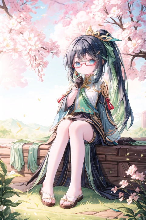  best_quality, extremely detailed details, simple,clean_picture, loli,1_girl,solo,((full_body)),
pretty face,extremely delicate and beautiful girls,(beautiful detailed eyes),light_blue_eyes, 
xianyun, Chinese clothes, (ponytail, hair stick,hair ornament),red_glasses, earrings, multicolored_hair, black_hair,green hair, red-framed eyewear, gloves, 
new_year,spring_festival,red_clothes,chinese_style,hanfu,