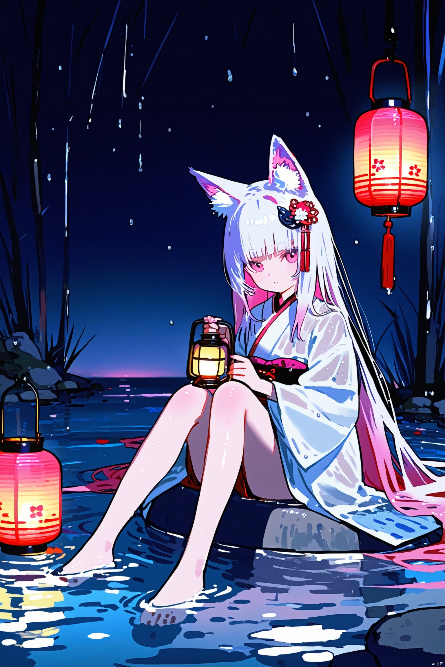 1girl, long hair, solo, white hair, pink_hair, hair ornament, gradient hair, looking at viewer, lantern, water, bangs, sitting, long sleeves, wet, holding lantern, barefoot, very long hair, pink eyes, in water, japanese clothesfox girl,fox ears,