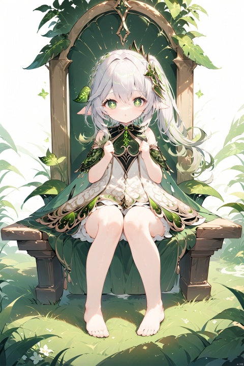  best_quality, extremely detailed details, loli,1_girl,solo,cute_face,pretty face,extremely delicate and beautiful girls,(beautiful detailed eyes), green_eyes,cross_eyes,+_+,white_hair,green_hair,long_ponytail,barefoot,long_dress,Crown, crown of grass, throne,sitting on the seat of God,king,Surrounding green plants,god,
nahida, nahida (genshin impact), bailing_light element, concept art, onnk, shining
