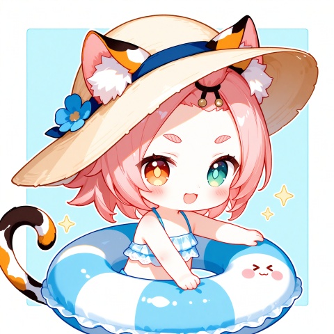 masterpiece,best quality,high quality,chromatic_aberration,qscc, cxzqs1, tsubasachyan,sugerlolijio,(chibi:1.3),simple background,white background 
1girl, (solo:1.5),chibi q-version girl, half body shot, big amber eyes, pink blush cheeks, open happy smile, woven straw sun hat, light blue bikini top, inside colorful striped inflatable swim ring, white lace trim on swim ring, both hands gripping swim ring edge, cute rounded chibi proportions, sticker white outline border, circular light blue background layer, pale yellow outer background, clean thick cartoon line art, glossy inflatable texture, soft bright summer color palette, simple flat shading, solo character, cute kawaii aesthetic, tiny light sparkles, minimal background, diona (genshin impact),diona \(genshin impact\),