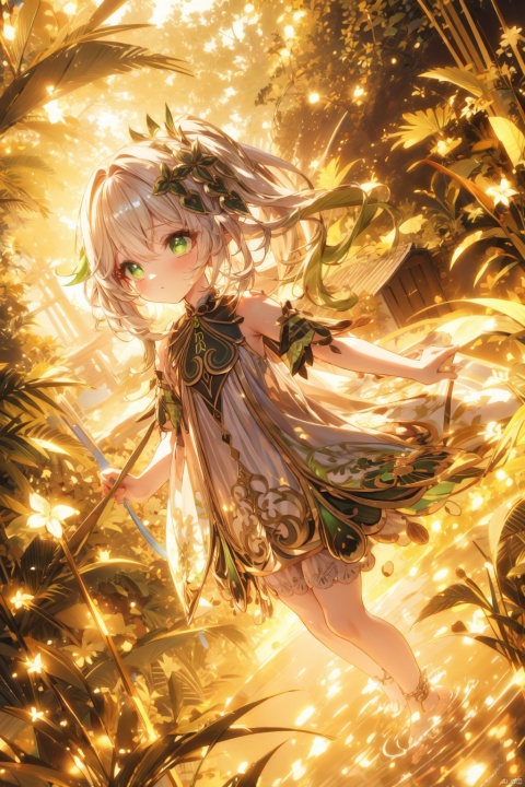  best_quality, extremely detailed details, loli,1_girl,solo,full_body,cute_face,pretty face,extremely delicate and beautiful girls,(beautiful detailed eyes), green_eyes,cross_eyes,+_+,(white and green hair:0.8),long_ponytail,barefoot,
dress,long_dress,
nahida, nahida (genshin impact), , (\shen ming shao nv\), ais-crsd