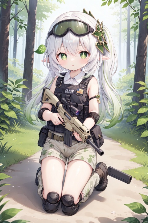  masterpiece,best quality,high quality,loli,1girl, solo, petite,loli,elf girl,pointy_ears,small breast, :) ,weapon,hold_gun,sniper,Sniper rifle, (forest camouflage set,Camo pants,suit bulletproof vest,tactical helmet,protective goggles(hanging on helmet),military boots,tactical elbow pads,tactical knee pads),(chibi:0.1), masterpiece,bestquality, white hair,green hair,green eyes,symbol-shaped pupils, bangs, breasts,cross-shaped pupils, hair ornament, gradient hair,nahida (genshin impact), cuteloliface
