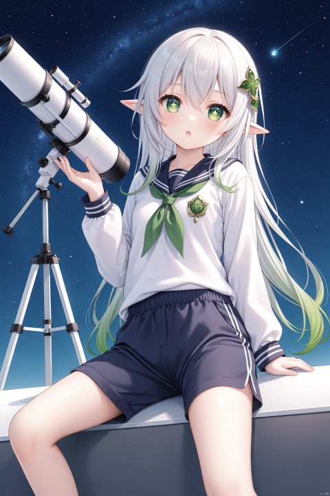  masterpiece,best quality,high quality,(colorful),[Artist miwano rag],[Artist toosaka asagi],[Artist wlop],[Artist chen bin],loli,1girl, solo, petite,loli,elf girl,pointy_ears,small breast, :),Night, starry sky, astronomical telescope,Stars, looking up at the sky, long-sleeved tops, trousers, Sports pants,school uniforms, sportswear ,(chibi:0.1), masterpiece,bestquality, white hair,green hair,green eyes,symbol-shaped pupils, bangs, breasts,cross-shaped pupils, hair ornament, gradient hair,bare foot, nahida (genshin impact),