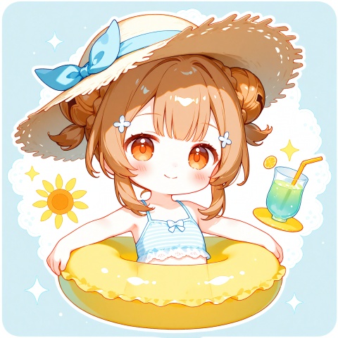 masterpiece,best quality,high quality,chromatic_aberration,qscc, cxzqs1, tsubasachyan,sugerlolijio,(chibi:1.3),simple background,white background 
1girl, (solo:1.5),chibi q-version girl, half body shot, big amber eyes, pink blush cheeks, open happy smile, woven straw sun hat, light blue bikini top, inside colorful striped inflatable swim ring, white lace trim on swim ring, both hands gripping swim ring edge, cute rounded chibi proportions, sticker white outline border, circular light blue background layer, pale yellow outer background, clean thick cartoon line art, glossy inflatable texture, soft bright summer color palette, simple flat shading, solo character, cute kawaii aesthetic, tiny light sparkles, minimal background, yaoyao (genshin impact)