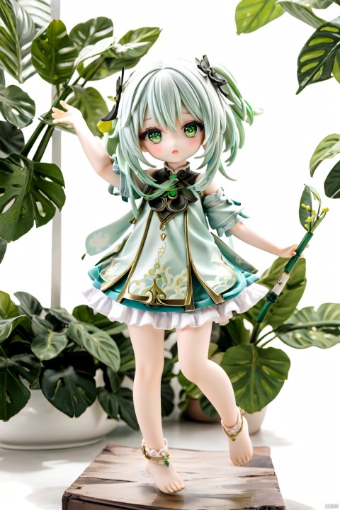  best_quality, extremely detailed details, loli,underage,((shrot)),1_girl,solo,full_body,cute_face,pretty face,extremely delicate and beautiful girls,(beautiful detailed eyes),  green_eyes,+_+,white_and_green_hair,barefeet,holding_arms,
white_background,nahida (genshin impact), handmade style