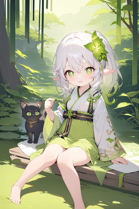  masterpiece,best quality,high quality,(colorful), 1girl, solo, petite, loli,elf girl,pointy_ears,small breast, :),hanfu,chinses dress,(chibi:0.1), masterpiece,bestquality, white hair,green hair,green eyes,symbol-shaped pupils, bangs, breasts,cross-shaped pupils, hair ornament, gradient hair,bare foot, black cat near foot,nahida (genshin impact),(There are no people in the empty mountain, but one can hear the sound of human voices,Returning to the deep forest, shining again on the moss,)