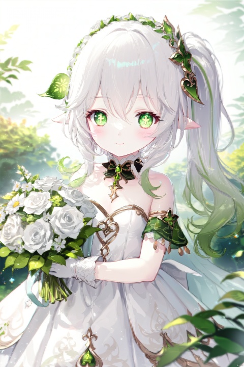  (masterpiece),(best quality),illustration,ultra detailed,hdr,Depth of field,(colorful),[iumu],[Sheya],[Artist chen bin],Artist ogipote, 1girl, solo,long hair, looking at viewer, blush, smile, bangs, simple background, hair ornament, gloves, white background, dress, holding, hair between eyes, bare shoulders, jewelry, closed mouth, green eyes, flower, white hair, multicolored hair, green hair, alternate costume, pointy ears, elbow gloves, white gloves, white dress, side ponytail, symbol-shaped pupils, strapless, gradient hair, rose, white flower, veil, strapless dress, bouquet, wedding dress, bridal veil, holding bouquet, bride, cross-shaped pupils, nahida \(genshin impact\), loli