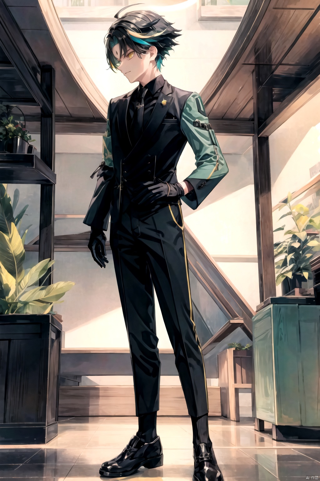  best_quality, extremely detailed details, simple,clean_picture,boy,1_boy,solo,((full_body)),black_hair, (green_hair:0.8),multicolored_hair,yellow_eyes,gloves,xiao \(genshin impact\),
((black_Suit, model,standing,)), chrollo lucilfer,(suit), allblacksuit, suit