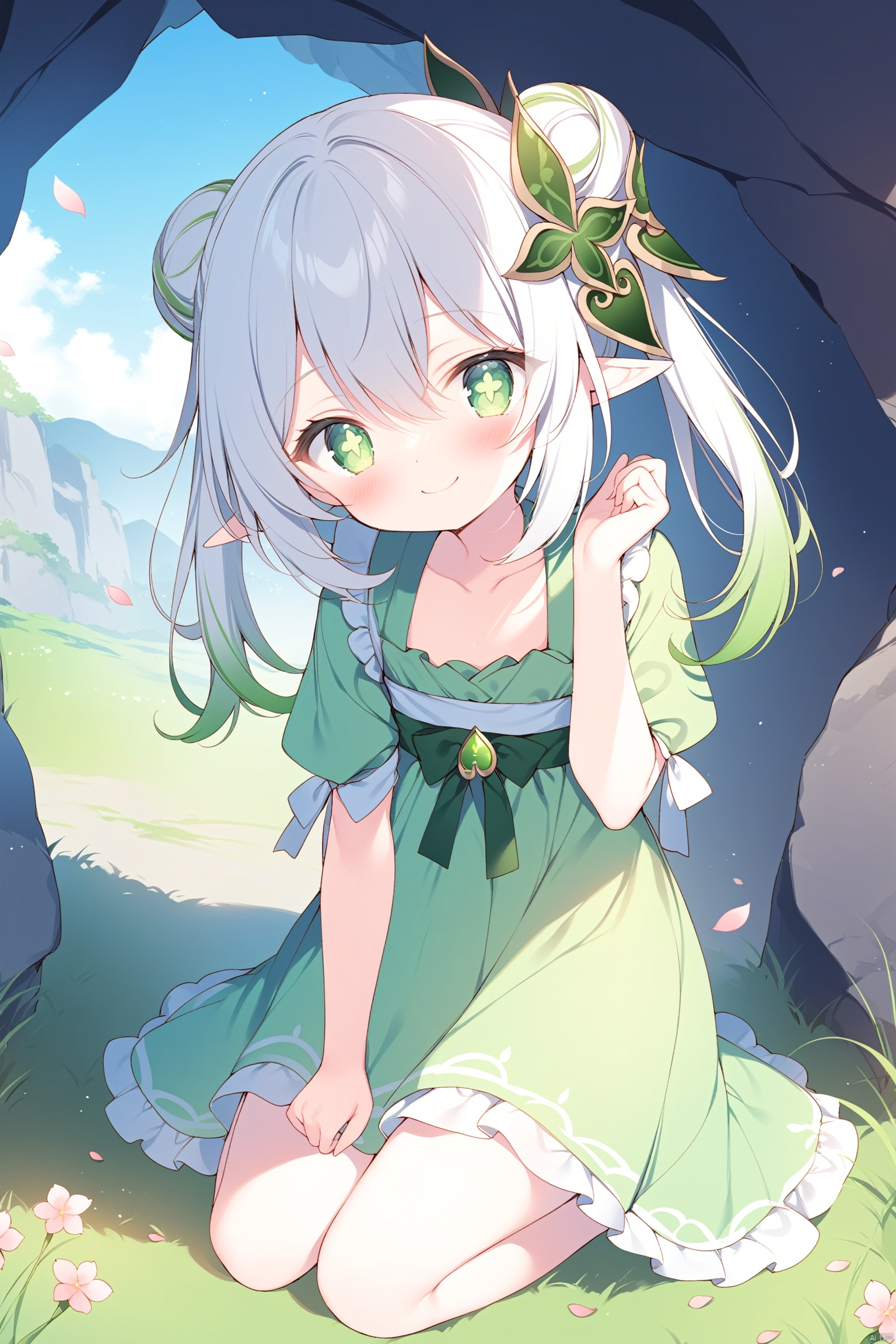 masterpiece,best quality,high quality,(colorful),[Artist miwano rag],[Artist toosaka asagi],[Artist wlop],loli,1girl, solo, petite,elf girl,pointy_ears, smile,(chibi:0.1),  white hair,green hair,green eyes,symbol-shaped pupils, bangs, breasts,cross-shaped pupils, hair ornament, gradient hair,nahida (genshin impact),hanfu,double bun, standing in front of the mountain wall, carefully looking into the cave. A few grass, peach blossom petals covering the ground,rabbit on the ground,
