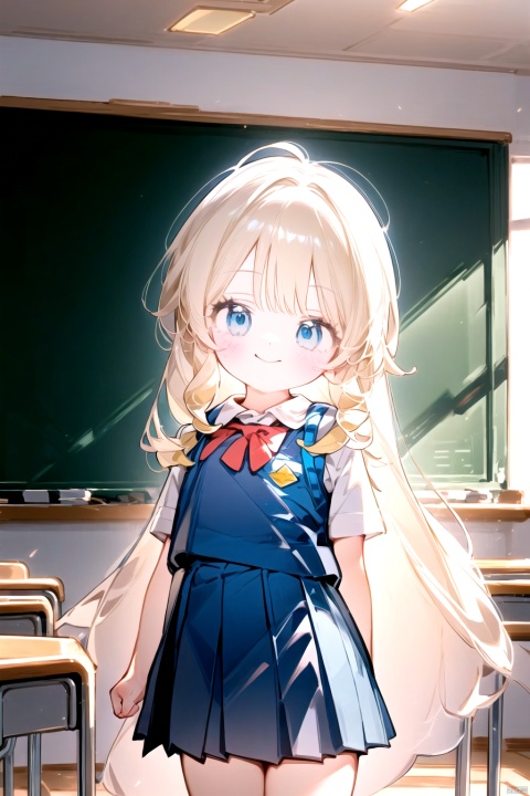  best_quality, extremely detailed details, loli,underage,((shrot)),1_girl,solo,full_body,cute_face,pretty face,extremely delicate and beautiful girls,(beautiful detailed eyes),blue eyes, blonde hair,Flat_chest,smile,barefeet, 
jewelry,necklace,school,classroom,((school_girl,school_uniforms)),standing,near_blackboard,
navia_(genshin_impact),front_view,1girl