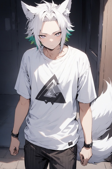 (masterpiece),(best quality),1boy,solo,short_hair,very_short_hair,wolf_boy,animal_ears,wolf_tail,wolf_ears,sliver_eyes,white_tail,Triangular pupils,symbol-shaped pupils,(white_hair:1.2), multicolored hair, (green_hair:0.8),forehead,Casual wear, T-shirt sheets, long pants,standing,