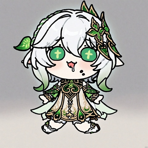 chibi,drooling,food on face,:3,(masterpiece),(best quality),solo,  1girl,full body,looking at viewer, open mouth, elf girl,pointy_ears,small breast, :), white hair,green hair,green eyes,symbol-shaped pupils, bangs, breasts,cross-shaped pupils, hair ornament, gradient hair,bare foot, black cat near foot,nahida (genshin impact), nahida, chibi_drooling,style-parody_chibi_full_body