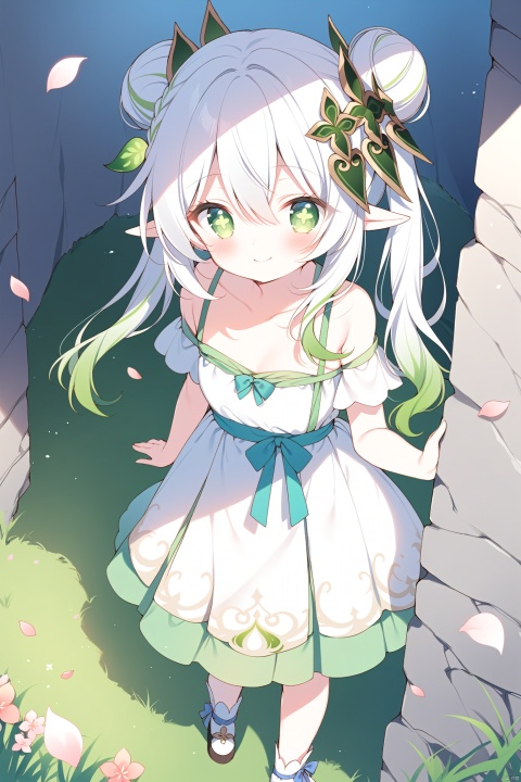 masterpiece,best quality,high quality,(colorful),[Artist miwano rag],[Artist toosaka asagi],[Artist wlop],loli,1girl, solo, petite,elf girl,pointy_ears, smile,(chibi:0.1),  white hair,green hair,green eyes,symbol-shaped pupils, bangs, breasts,cross-shaped pupils, hair ornament, gradient hair,nahida (genshin impact),hanfu,double bun, standing in front of the mountain wall, carefully looking into the cave. A few grass, peach blossom petals covering the ground,rabbit on the ground,