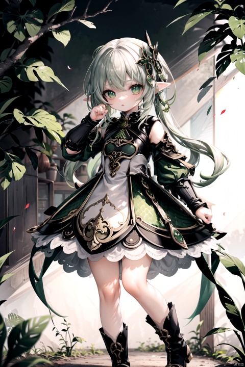  best_quality, extremely detailed details, simple,clean_picture, loli,1_girl,solo,full_body,pretty face,extremely delicate and beautiful girls,(beautiful detailed eyes), green_eyes,white_hair,green_hair,long_hair,elf_ears,lip,
Petite,flat chested, blonde_long _hair, mantle(green stamp), perfect eyes, (rainbow scales armour): vivid,metal long sleeves (green scalelike), metal boots (green scalelike), (green) metal armour (scalelike),Metal arm armor(green scalelike),Metal shoulder armor(green scalelike),A floating cloak,
（forest,sword_in_hand,）
nahida (genshin impact),