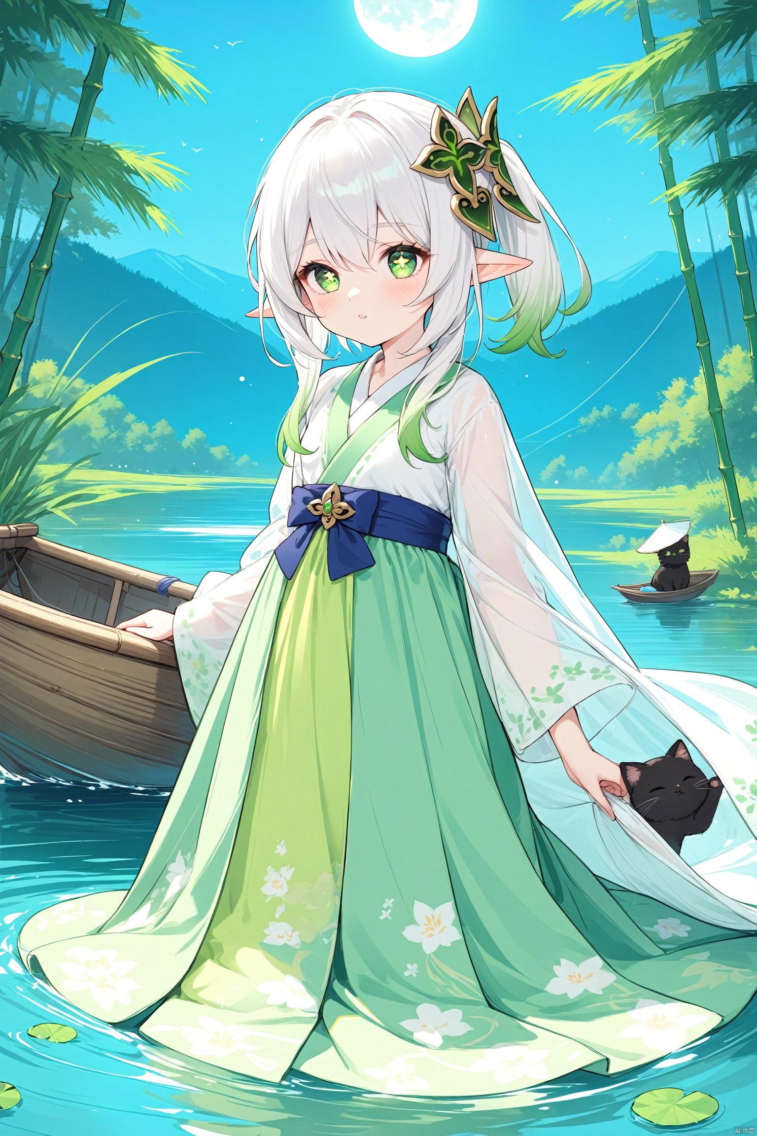  masterpiece,best quality,high quality,(colorful), 1girl, solo, petite, loli,elf girl,pointy_ears,small breast, :),hanfu,chinses dress,(chibi:0.1), masterpiece,bestquality, white hair,green hair,green eyes,symbol-shaped pupils, bangs, breasts,cross-shaped pupils, hair ornament, gradient hair,bare foot, black cat near foot,nahida (genshin impact),(After the new rain in the empty mountains, the weather arrives late in autumn.,The bright moon shines among the pine trees, and the clear spring stones flow upstream, The bamboo noise returns to the washing girl, and the lotus moves down the fishing boat,)