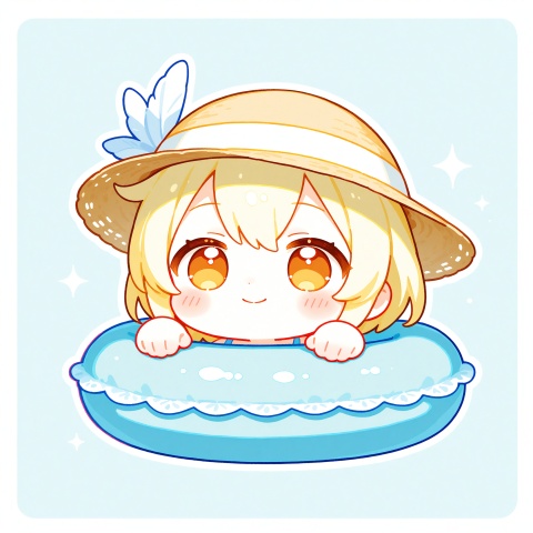 masterpiece,best quality,high quality,chromatic_aberration,qscc, cxzqs1, tsubasachyan,sugerlolijio,(chibi:1.3),simple background,white background 
1girl, (solo:1.5),chibi q-version girl, half body shot, big amber eyes, pink blush cheeks, open happy smile, woven straw sun hat, light blue bikini top, inside colorful striped inflatable swim ring, white lace trim on swim ring, both hands gripping swim ring edge, cute rounded chibi proportions, sticker white outline border, circular light blue background layer, pale yellow outer background, clean thick cartoon line art, glossy inflatable texture, soft bright summer color palette, simple flat shading, solo character, cute kawaii aesthetic, tiny light sparkles, minimal background, qiqi (genshin impact)