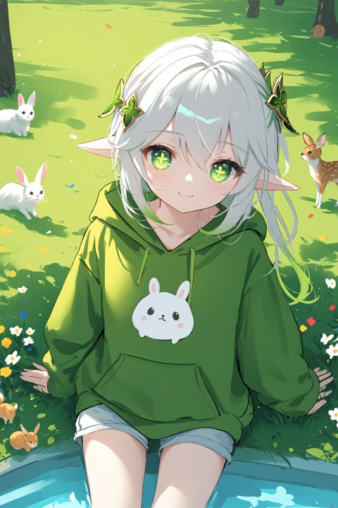 masterpiece,best quality,high quality,(colorful),[Artist miwano rag],[Artist toosaka asagi],[Artist wlop],loli,1girl, solo, petite,elf girl,pointy_ears, smile,(chibi:0.1),  white hair,green hair,green eyes,symbol-shaped pupils, bangs, breasts,cross-shaped pupils, hair ornament, gradient hair, nahida (genshin impact),outside, Deep forest,Dim scenes,Dark, many small animals, deer, rabbits, cats, birds,pool, trees, grass, flowers,Casual clothes, hooded tops, casual pants, surrounded by animals,