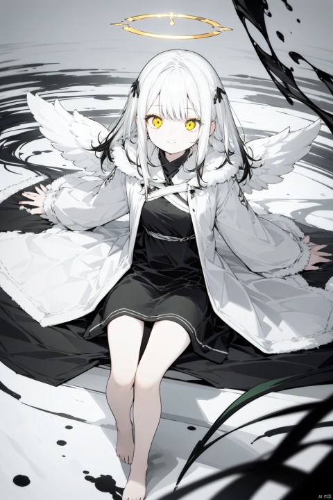 1boy, 1girl, white hair,green hair,green eyes,symbol-shaped pupils, bangs, breasts,cross-shaped pupils, hair ornament, gradient hair,angel, angel_and_devil, angel_wings, asymmetrical_wings, barefoot, bird_wings, blonde_hair, bow_\(weapon\), feathered_wings, feathers, fur-trimmed_sleeves, fur_cape, fur_coat, fur_trim, halo, harpy, holding_hands, low_wings, mini_wings, multicolored_wings, multiple_wings, open_mouth, single_wing, smile, spread_wings, weapon, white_feathers, white_wings, winged_arms, wings, yellow_wings, ink