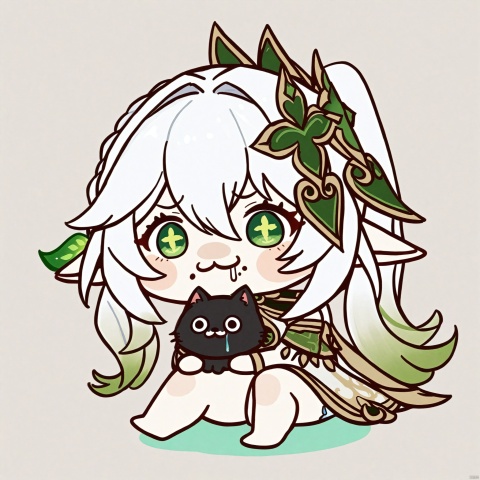chibi,drooling,food on face,:3,(masterpiece),(best quality),solo,  1girl,flower,  hair ornament,looking at viewer, open mouth, elf girl,pointy_ears,small breast, :), white hair,green hair,green eyes,symbol-shaped pupils, bangs, breasts,cross-shaped pupils, hair ornament, gradient hair,bare foot, black cat near foot,nahida (genshin impact), nahida