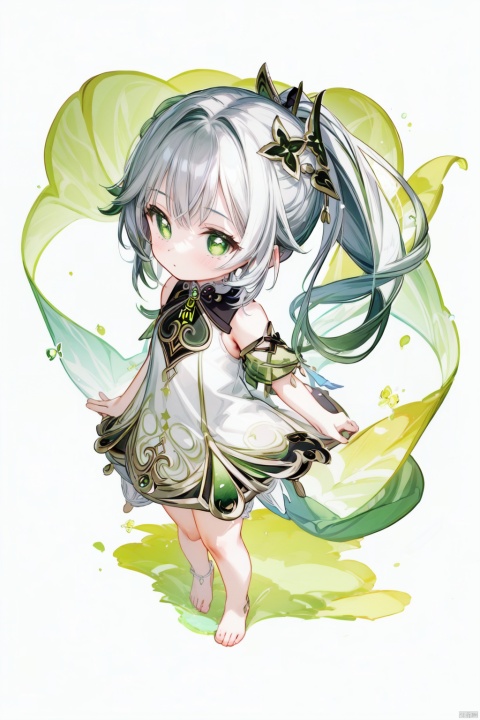  best_quality, extremely detailed details, loli,1_girl,solo,full_body,cute_face,pretty face,extremely delicate and beautiful girls,(beautiful detailed eyes), green_eyes,cross_eyes,+_+,(white and green hair:0.8),long_ponytail,barefoot,
dress,((long_dress)),standing,simple_background,
nahida (genshin impact), nahida (genshin impact),