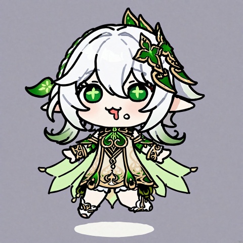 chibi,drooling,food on face,:3,(masterpiece),(best quality),solo,  1girl,full body,looking at viewer, open mouth, elf girl,pointy_ears,small breast, :), white hair,green hair,green eyes,symbol-shaped pupils, bangs, breasts,cross-shaped pupils, hair ornament, gradient hair,bare foot, black cat near foot,nahida (genshin impact), nahida, chibi_drooling,style-parody_chibi_full_body
