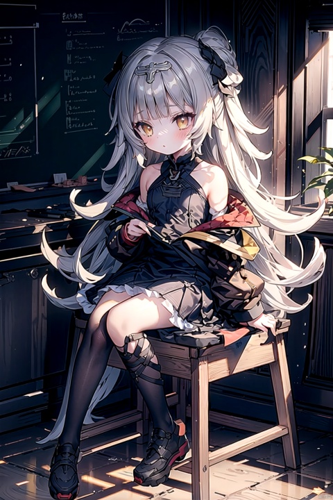  best_quality, extremely detailed details, loli,under_age,1_girl,solo,full_body,cute_face,pretty face,extremely delicate and beautiful girls,(beautiful detailed eyes), grey_hair,yellow_eyes,bare shoulders,iron cross,blush,hair ornament,puffy long sleeves,detached sleeves,((school_suit,)),classroom,beside_windows,birds_in_hand,desk,blackboard,standing_or_sitting,
z46 (azur lane), 