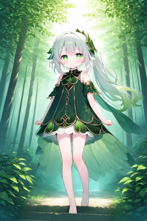  (masterpiece),(best quality),illustration,ultra detailed,hdr,Depth of field,(colorful),[iumu],[Sheya],[Artist chen bin],transparent background, 1girl, solo, green eyes, full body, long hair, white and green hair, bare_shoulder,bare feet, diamond (shape), standing, bright pupils, closed mouth, tachi-e,forest,(climbing_tree:1.3),nahida (genshin impact), nahidadef, loli