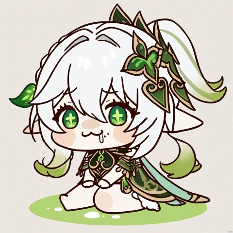 chibi,drooling,food on face,:3,(masterpiece),(best quality),solo,  1girl,full body,looking at viewer, open mouth, elf girl,pointy_ears,small breast, :), white hair,green hair,green eyes,symbol-shaped pupils, bangs, breasts,cross-shaped pupils, hair ornament, gradient hair,bare foot, black cat near foot,nahida (genshin impact), nahida, chibi_drooling