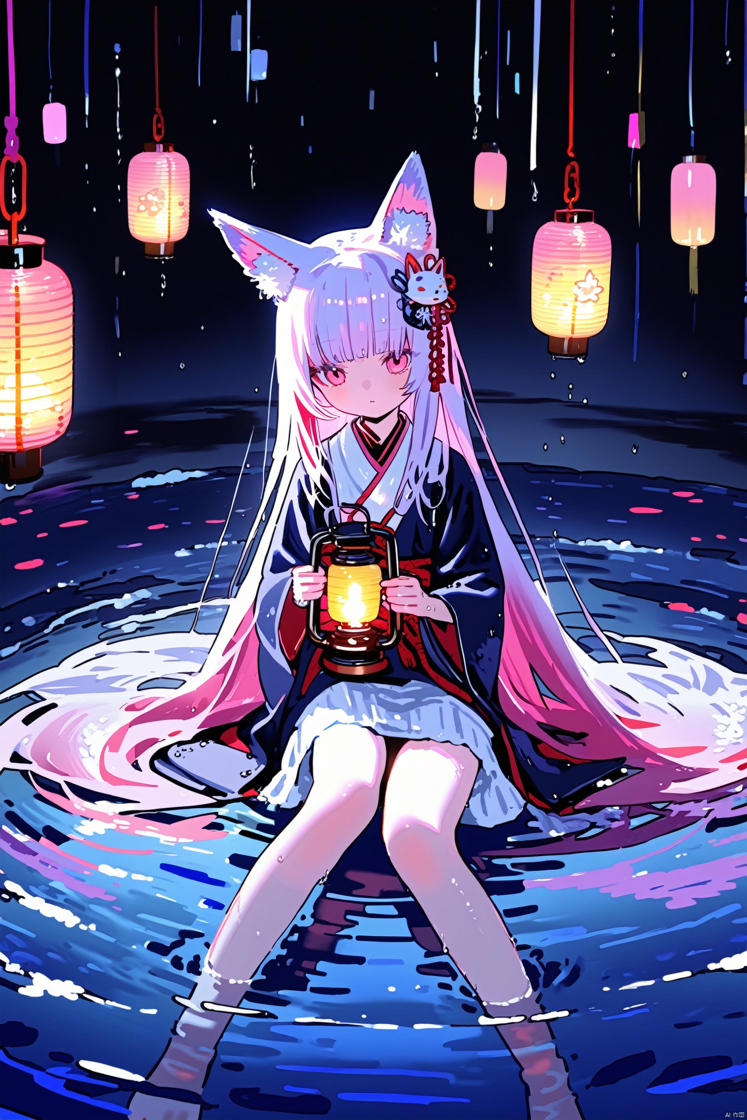 1girl, long hair, solo, white hair, pink_hair, hair ornament, gradient hair, looking at viewer, lantern, water, bangs, sitting, long sleeves, wet, holding lantern, barefoot, very long hair, pink eyes, in water, japanese clothesfox girl,fox ears,