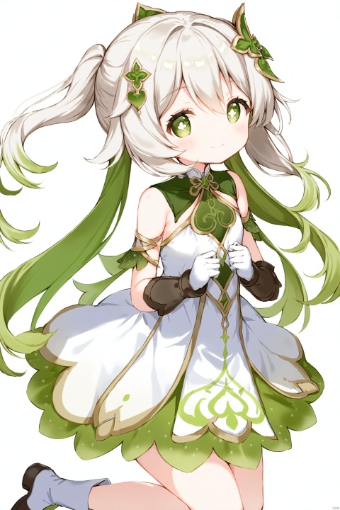 artist anmi2, (masterpiece),(best quality),(loli：1.2),(petite:1.2),1girl, solo,long hair, looking at viewer, blush, smile, bangs, symbol-shaped pupils, simple background, hair ornament, gloves, white background, dress, holding,hair between eyes, green eyes,cross-shaped pupils, white hair,green hair, gradient hair, nahida (genshin impact), loli