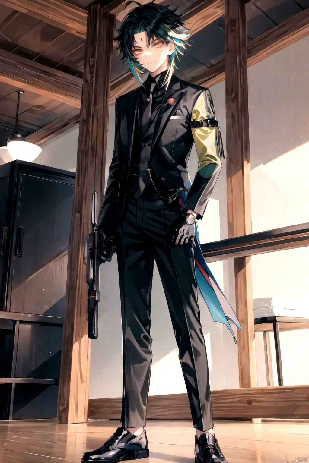  best_quality, extremely detailed details, simple,clean_picture,boy,1_boy,solo,((full_body)),black_hair, (green_hair:0.8),multicolored_hair,yellow_eyes,gloves,xiao \(genshin impact\),(((gun_in_hand))),
((black_Suit, model,standing,)), chrollo lucilfer,(suit), allblacksuit, suit