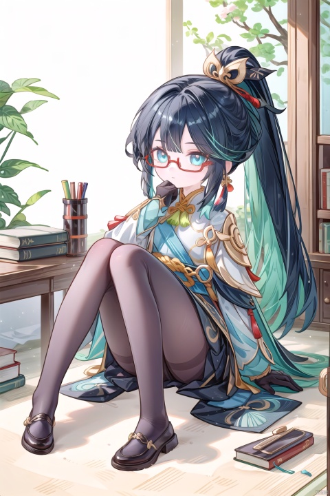  best_quality, extremely detailed details, simple,clean_picture, loli,1_girl,solo,((full_body)),
pretty face,extremely delicate and beautiful girls,(beautiful detailed eyes),light_blue_eyes, 
xianyun, Chinese clothes, (ponytail, hair stick,hair ornament),red_glasses, earrings, multicolored_hair, black_hair,green hair, red-framed eyewear, gloves, 
new_year,spring_festival,red_clothes,chinese_style,hanfu,
laboratory,sitting behind table,hand_test_tube,books_on_table, black pantyhose,