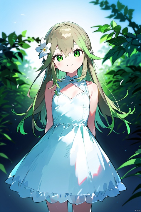  best quality, amazing quality, very aesthetic,1girl, white hair,green hair,green eyes,symbol-shaped pupils, bangs, breasts,cross-shaped pupils, hair ornament, gradient hair, dress, long hair, bird, white dress, brown hair, solo, outdoors, sleeveless, looking at viewer, arms behind back, sleeveless dress, bangs, standing, plant, sundress, smile, flower, closed mouth, sunlight, bare shoulders