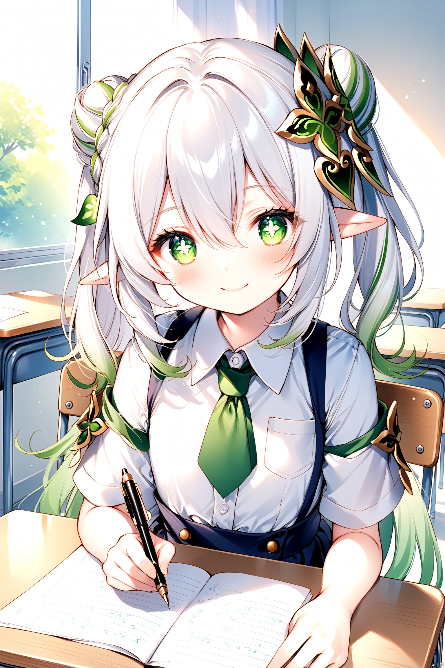 masterpiece,best quality,high quality,(colorful),[Artist miwano rag],[Artist toosaka asagi],[Artist wlop],loli,1girl, solo, petite,elf girl,pointy_ears, smile,(chibi:0.1),  white hair,green hair,green eyes,symbol-shaped pupils, bangs, breasts,cross-shaped pupils, hair ornament, gradient hair,nahida (genshin impact),school_girl, school unifroms, double bun, classroom, school_chair, sitting on a chair,examination, writing, school desk,Take a pen, take an exam, write an exam paper,