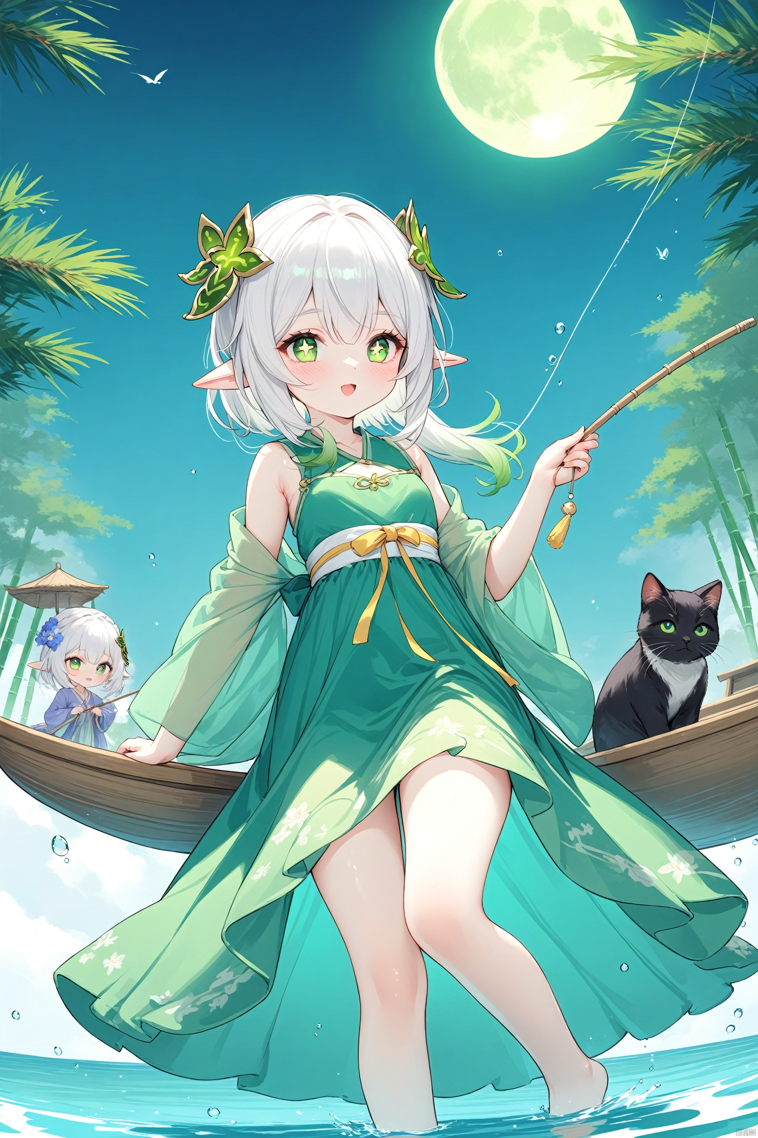  masterpiece,best quality,high quality,(colorful), 1girl, solo, petite, loli,elf girl,pointy_ears,small breast, :),hanfu,chinses dress,(chibi:0.1), masterpiece,bestquality, white hair,green hair,green eyes,symbol-shaped pupils, bangs, breasts,cross-shaped pupils, hair ornament, gradient hair,bare foot, black cat near foot,nahida (genshin impact),(After the new rain in the empty mountains, the weather arrives late in autumn.,The bright moon shines among the pine trees, and the clear spring stones flow upstream, The bamboo noise returns to the washing girl, and the lotus moves down the fishing boat,)