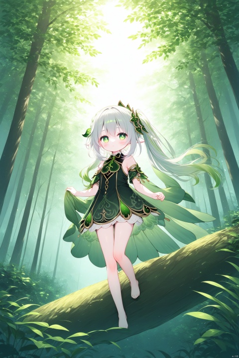  (masterpiece),(best quality),illustration,ultra detailed,hdr,Depth of field,(colorful),[iumu],[Sheya],[Artist chen bin],transparent background, 1girl, solo, green eyes, full body, long hair, white and green hair, bare_shoulder,bare feet, diamond (shape), standing, bright pupils, closed mouth, tachi-e,forest,climbing_tree,nahida (genshin impact), nahidadef, loli
