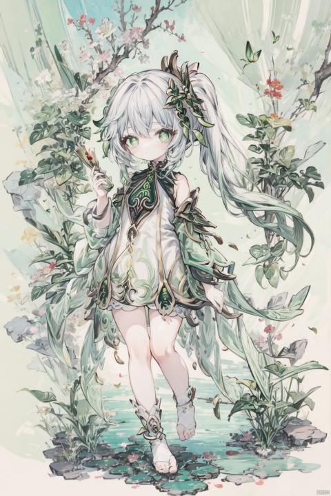  best_quality, extremely detailed details, loli,1_girl,solo,full_body,cute_face,pretty face,extremely delicate and beautiful girls,(beautiful detailed eyes), green_eyes,cross_eyes,+_+,(white and green hair:0.8),long_ponytail,barefoot,
hanfu,standing,
nahida (genshin impact), nahida (genshin impact),YuanShen, watercolour