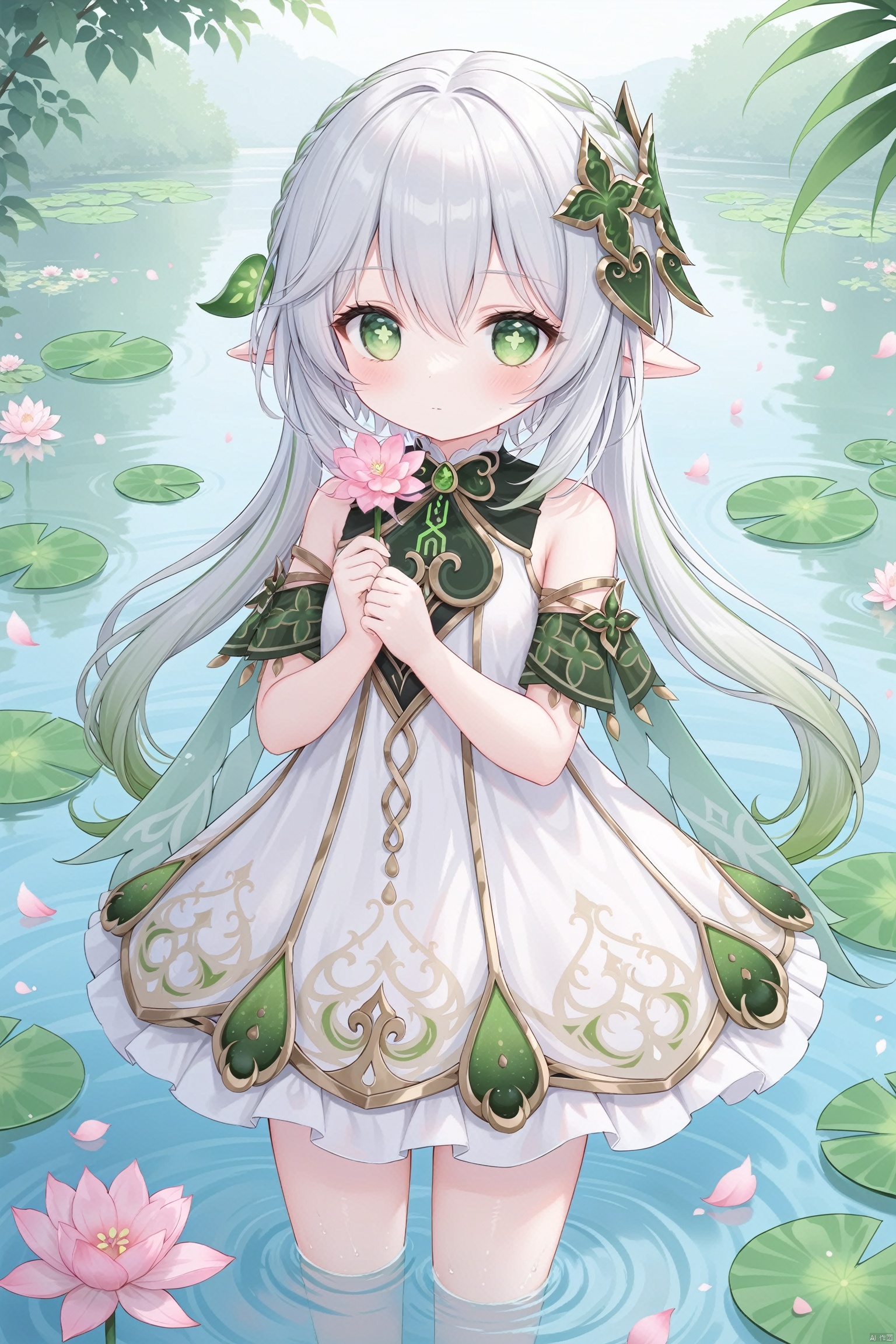  masterpiece,best quality,high quality,(colorful),[Artist onineko],[Artist chen bin],[Artist agwing86],[[Artist wlop]], 1girl, solo, petite, flower, white hair,green hair, dress, looking at viewer, holding, water, blue dress, pink flower, short sleeves, blush, shirt, holding flower, white shirt, closed mouth, petals, wading, lily pad, green eyes,symbol-shaped pupils,  bangs,  breasts,cross-shaped pupils, hair ornament, gradient hair, white dress, nahida (genshin impact), loli