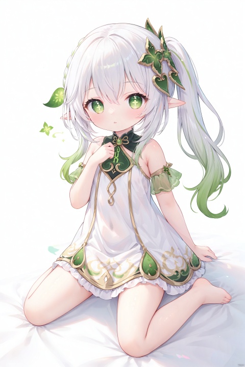  masterpiece,best quality,high quality,(colorful),loli,1girl, solo, petite,loli,elf girl,pointy_ears,small breast, :),dress,(chibi:0.1), masterpiece,bestquality, white hair,green hair,green eyes,symbol-shaped pupils, bangs, breasts,cross-shaped pupils, hair ornament, gradient hair,bare foot, nahida (genshin impact), cuteloliface